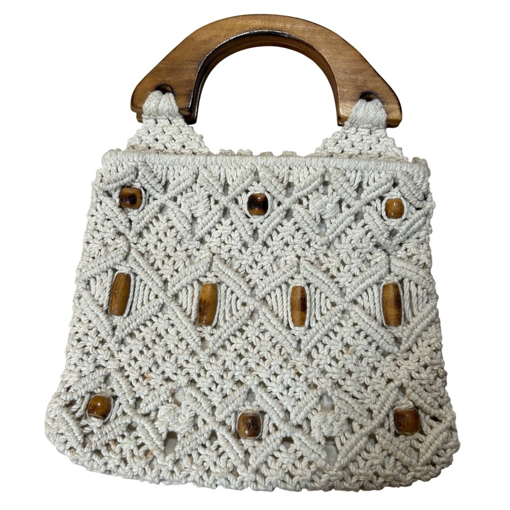 Vintage Macrame Beaded Handbag Cream‎ Boho Wood Handle Tote Bag Costal Beach